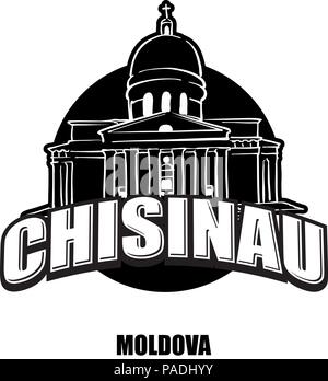 Chisinau, Moldova, black and white logo for high quality prints. Hand drawn vector sketch.