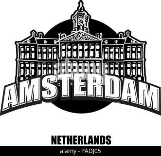 Amsterdam, Netherlands, black and white logo for high quality prints. Hand drawn vector sketch. Stock Vector