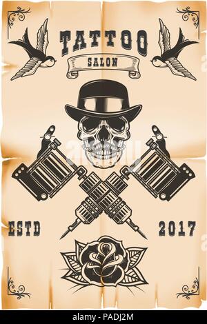 Tattoo studio poster template. Skull with crossed tattoo machines on grunge background. Design element for logo, label, emblem, sign, poster. Vector i Stock Vector