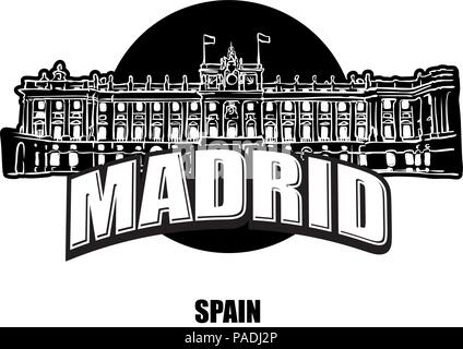 Madrid royal palace black and white logo for high quality prints. Hand drawn vector sketch. Stock Vector