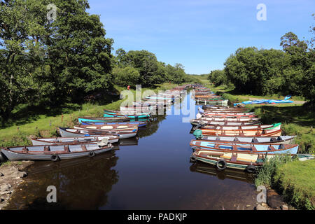 Colorful row boats line the creek beside Ross Castle in Kilarney National Park, County Kerry, Ireland. Stock Photo