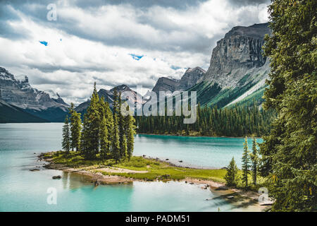 Beautiful Spirit Island in Maligne Lake, Jasper National Park, Alberta, Canada Stock Photo