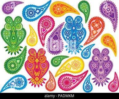 Flowers and Owls traditional paisley design pattern background isolated on white background illustration Stock Vector