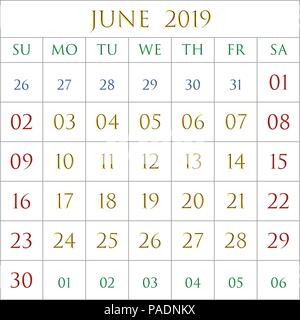 2019 Calendar for the month of June on white background rectangles bordered with gray Stock Vector