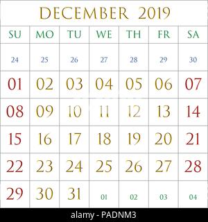 2019 Calendar for the month of December on white background rectangles bordered with gray Stock Vector