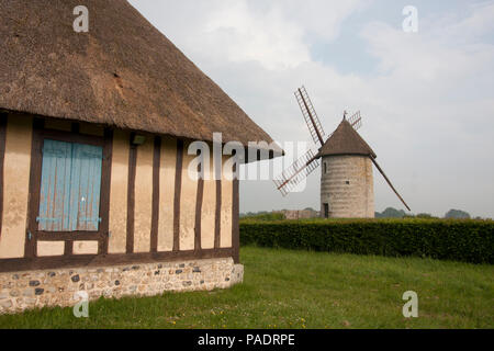 La Moulin de Pierre, a restored windmill with sails, Hauville, Eure, Haute-Normandie, Normandy, France Stock Photo