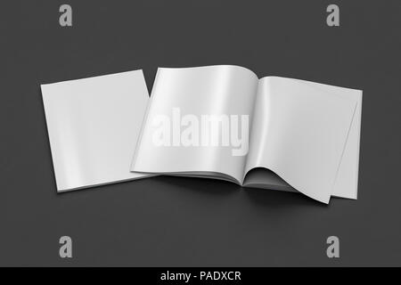 Blank magazine pages with bent glossy paper and blank cover on black background. Opened and closed. 3d illustration Stock Photo