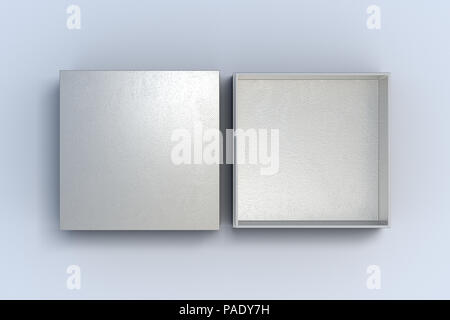 Silver Box Open Two silver square boxes opened and closed on white background. 3d ...