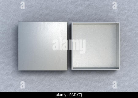 Silver Box Open Two silver square boxes opened and closed on white background. 3d ...
