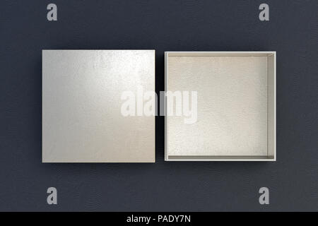 Silver Box Open Two silver square boxes opened and closed on white background. 3d ...