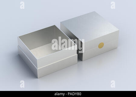 Silver Box Open Two silver square boxes opened and closed on white background. 3d ...