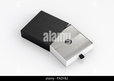 Opened black drawer sliding box with gift wrap foil on white background. Include clipping path around box Stock Photo