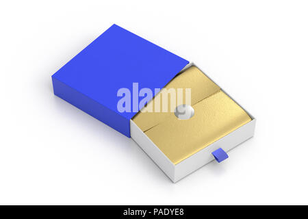 Opened blue drawer sliding box with gift wrap foil on white background. Include clipping path around box Stock Photo