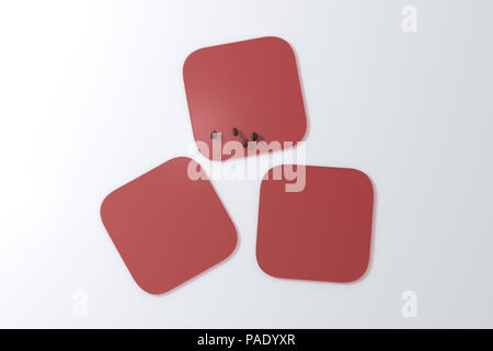 3d Illustration Three Square Red Transparent Coasters And Coffee Beans On White Background 3d Illustration Three Square Red Transparent Coasters And Coffee Beans On White Background