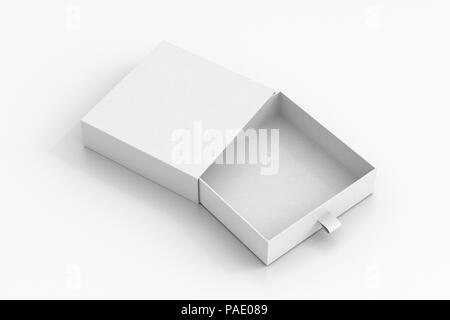 Opened empty white drawer sliding box on white background. Isolated with clipping path around box Stock Photo