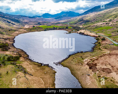 Aerial view of Llynnau Mymbyr are two lakes located in Dyffryn Mymbyr, a valley running from the village of Capel Curig to Pen-y-Gwryd in Snowdonia, n Stock Photo