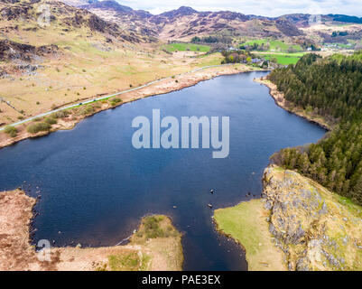 Aerial view of Llynnau Mymbyr are two lakes located in Dyffryn Mymbyr, a valley running from the village of Capel Curig to Pen-y-Gwryd in Snowdonia, n Stock Photo