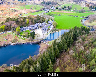 Aerial view of Llynnau Mymbyr are two lakes located in Dyffryn Mymbyr, a valley running from the village of Capel Curig to Pen-y-Gwryd in Snowdonia, n Stock Photo