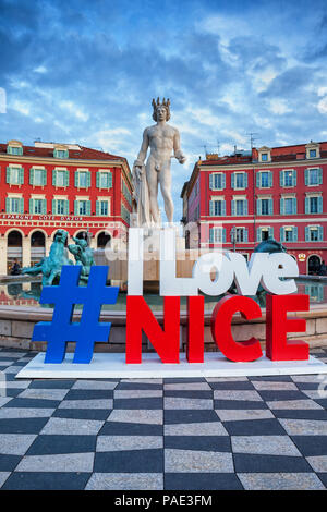 France, city of Nice, Fountain of the Sun (Fontaine du Soleil) with Apollo statue at Place Massena square, # I Love Nice installation Stock Photo