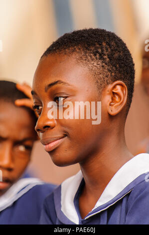 ACCRA, GHANA - MARCH 4, 2013: Portrait of a student from one of the Ghanaian schools wearing special uniform in Ghana, Mar 4, 2013. This uniform is on Stock Photo