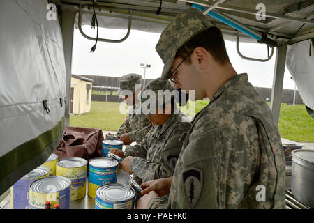 Cooks from the Wiesbaden Strong Teams Cafe Dining Facility (DFAC) brought a Mobile Kitchen Trailer (MKT) out to the Wackernheim Regional Range Facility on 30 March 2016 to feed the U.S. Army Europe Soldiers. Two of Cooks, Spc. Michelle Santiago-Lopez, (center) and Spc. Kallan Clements, (far end) and Spc. Luke Wilson, a Grill Mechanic set up the MKT, prepared the meals, fed the Soldiers, cleaned the MKT, and broke down the trailer to be used next time. After a long period of not being used, this is the first time the MKT has been set up to be used by the cooks for the Soldiers, it was a great o Stock Photo