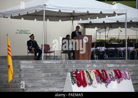 KANEOHE, Hawaii (May 30, 2016) Governor David Y. Ige speaks during the 2016 Governor’s Memorial Day Ceremony at the Hawaii State Veterans Cemetery in Kaneohe, Hawaii. The theme for this year’s event is: “Sacrificed All to Preserve Liberty.” Stock Photo