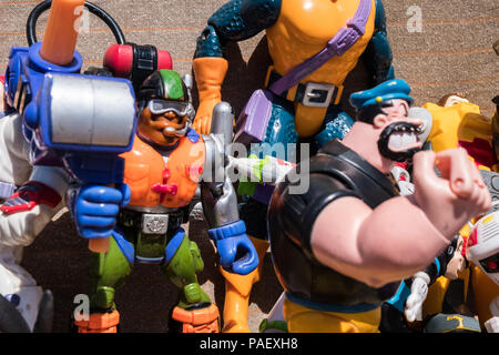 Background of cartoons and film characters action figures. Stock Photo