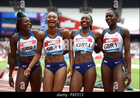 The Great Britain team of Asha Philip (left), Imani-Lara Lansiquot (second left), Bianca Williams (second right) and Daryll Neita after the Women's 4x100m relay during day two of the Muller Anniversary Games at The Queen Elizabeth Stadium, London. Stock Photo