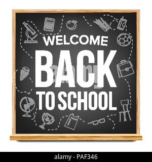 Back To School Banner Design Vector. Classroom Blackboard. Black. Doodle Icons. Sale Flyer. Retail Marketing Promotion. Realistic Illustration Stock Vector