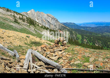 old shafthouse mine remnants and stone marker in the bridger mountains near bozeman, montana Stock Photo