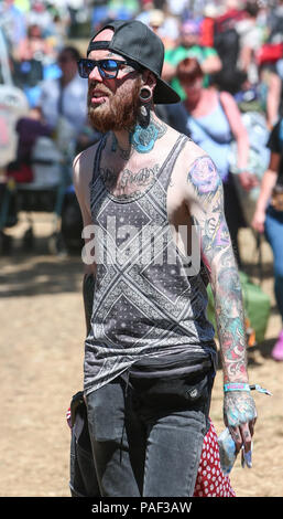 Festival goers arrive at Seaclose Park in Newport for the 50th Isle of Wight Festival  Featuring: Atmosphere Where: Newport, United Kingdom When: 21 Jun 2018 Credit: John Rainford/WENN Stock Photo