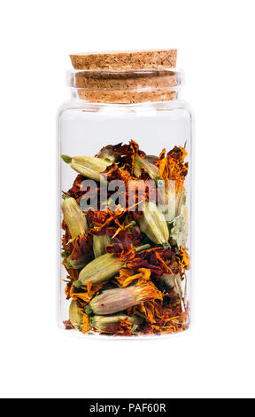 Dried Marigold flowers in a bottle with cork stopper for medical Stock Photo