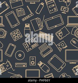 Seamless pattern from a set of computer and gadget icons of thin lines, vector illustration. Stock Vector
