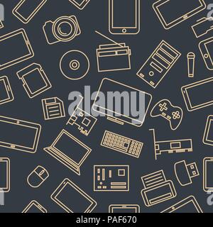 Seamless pattern from a set of computer and gadget icons of thin lines, vector illustration. Stock Vector