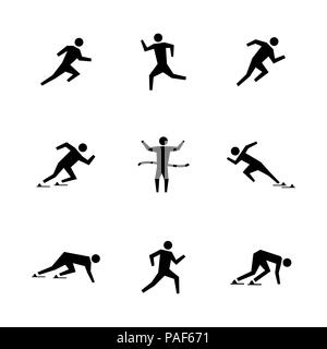 Set of stick figures. Black silhouettes of runners on a white background in various poses and positions. Flat icons people, vector illustration. Stock Vector