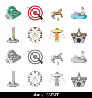 The device with a bat for measuring strength, a ferris wheel, a carousel, a house with windows. Amusement park set collection icons in cartoon,monochr Stock Vector