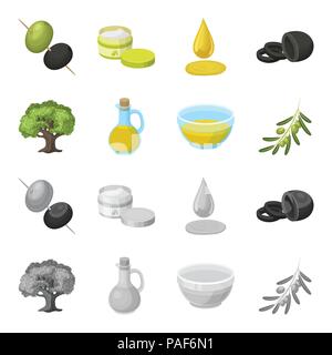 An olive tree, a branch with olives, a vessel and a jug of oil. Olives set collection icons in cartoon,monochrome style vector symbol stock illustrati Stock Vector