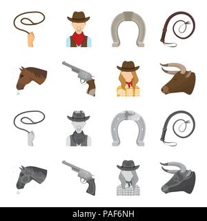 Head of a horse, a bull head, a revolver, a cowboy girl. Rodeo set collection icons in cartoon,monochrome style vector symbol stock illustration . Stock Vector