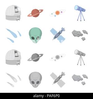 Asteroid, car, meteorite, space ship, station with solar batteries, the face of an alien. Space set collection icons in cartoon,monochrome style vecto Stock Vector