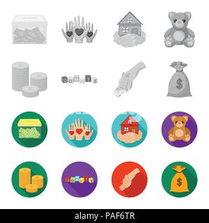 A pile of coins for donations, colored cubes with an inscription, a handshake, a bag of money for donations. Charity and donation set collection icons Stock Vector
