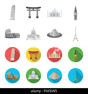 Sights of different countries monochrome,flat icons in set collection for design. Famous building vector symbol stock  illustration. Stock Vector