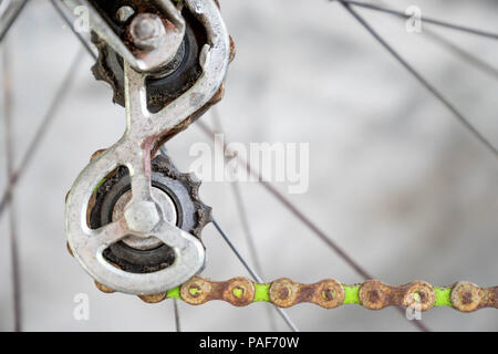 A closeup of dusty rear wheel brake assembly, tire tread, suspension ...