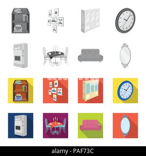 Coffee maker, served table in the restaurant and other  icon in monochrome,flat style isometric.Soft comfortable sofa, wall mirror icons in set collec Stock Vector