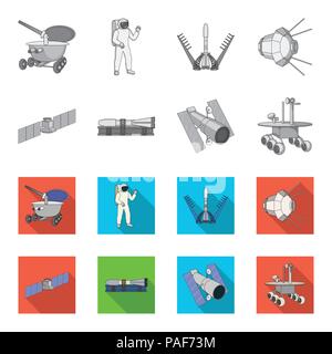 The space station in orbit, the preparation of the launch rocket, the lunar rover on the surface. Space technology set collection icons in monochrome, Stock Vector