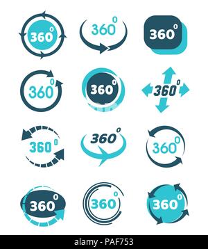 Rotate 360 view icons. Round panorama view icon set with arrows, 3d circle rotate vector signs for virtual tour and panoramic video Stock Vector