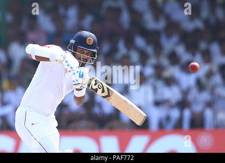 Sri Lanka. 22nd July, 2018. Sri Lankan cricketer Dimuth Karunaratne plays a shot during the third day of the second Test match between Sri Lanka and South Africa at the Sinhalese Sports Club (SSC) international cricket stadium in Colombo, Sri Lanka on July 22, 2018. Credit: Pradeep Dambarage/Pacific Press/Alamy Live News Stock Photo