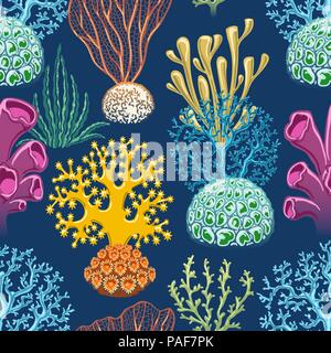 Seaweeds colorful background. Underwater sea plants seamless pattern, marine weeds life texture vector illustration Stock Vector
