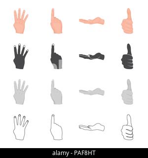 Various gestures with your hands, finger up, open palm and others. Gestures set collection icons in cartoon black monochrome outline style vector symb Stock Vector