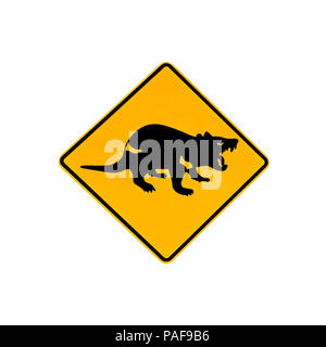Tasmanian wildlife warning road sign for tasmanian devil on the road and highways of Tasmanian. Isolated on white. Stock Photo