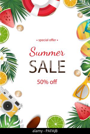 Summer sale background with tropical palm and plumeria, Lifebuoy, flip flops. Stock Vector
